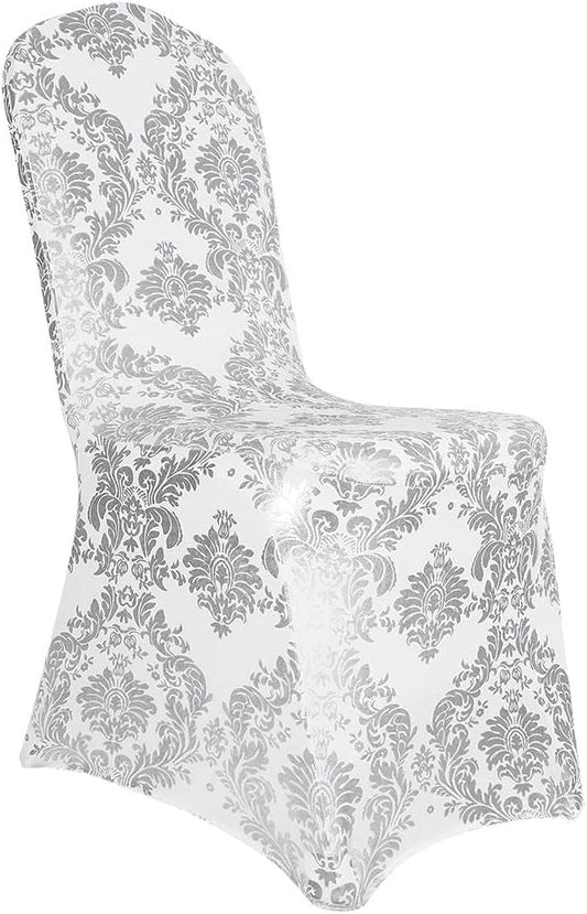 Pack of 1 Dining Chair Covers Bronzing Silver Flower Print Removable Washable Spandex Stretch Decorative Chair Slipcovers Set for Party Wedding Home Decorations - Silver+White