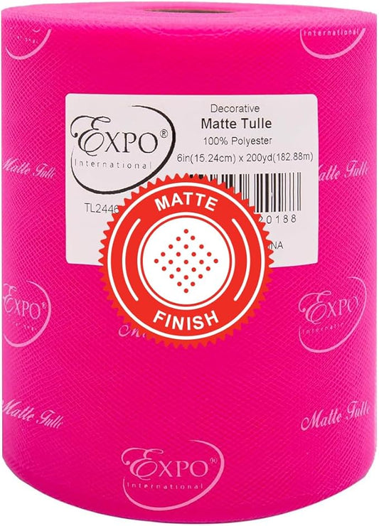 Expo International Decorative Matte Tulle, Roll/Spool of 6” X 200 Yards, Lightweight Polyester Tulle Fabric for Tutus, Costumes, and Party Decorations, Washable, Easy-to-Use, Hot Pink