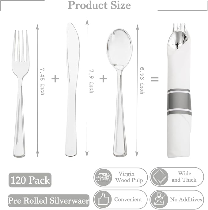 Supernal 120pack Silver Plastic Silverware,Rolled Plastic Silverware,Pre Rolled Napkins with Cutlery Set,Wrapped Disposable Cutlery Set with Napkin Perfect for Mother's Day, Birthday, Wedding,Catering