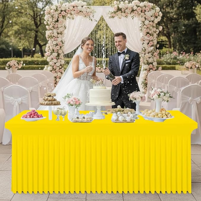 Smiry Spandex Tablecloth 2 Pack, Elastic Fitted Stretch Tablecloth for 8FT Rectangle Tables, Waterproof Washable Table Cover Skirt for Wedding, Banquet & Parties (Yellow, 96Lx30Wx30H Inch)