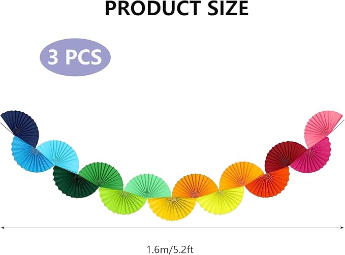 3 Pack Paper Fans Garland, 15.6ft Rainbow 3D Paper Fan Background Ceiling Hanging Decorations for Birthday Party Bachelorette Wedding Party Supplies