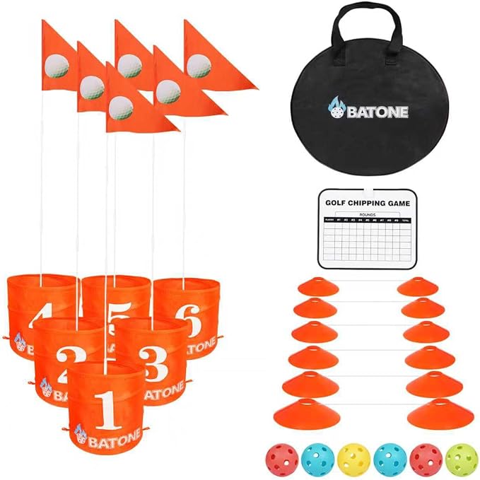 BATONE Golf Bucket Game for Family, Adults and Kids Portable 6 Hole Golf Course with Balls and Flag, Outdoor Indoor Golf Yard Game for Park, Beach, Lawn, Camping