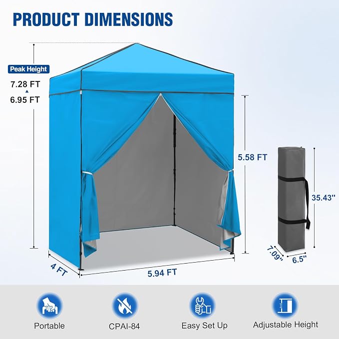 6x4 Pop Up Canopy Tent with Four Wall Panels, Instant Portable Beach Canopy, Outdoor Tent with Carry Bag for Camping, Sports, Tailgating, Events, Light Blue