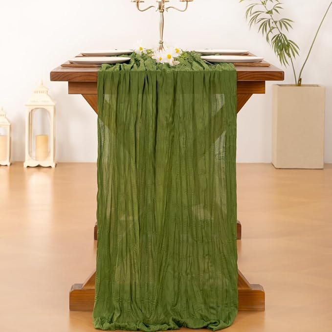 Socomi Moss Green Summer Cheesecloth Table Runner Boho Rustic Gauze 120 inch 10FT Cheese Cloth Sheer Runner for Wedding Party Baby Shower Birthday Home Decor Holiday Decorations