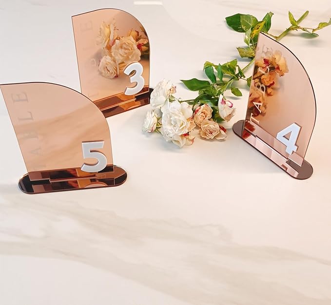 Wedding Table Numbers,Semi-Arched Mirrored Acrylic Table Numbers for Party,Events,Occasion Decoration (Number 1-20, Rose Gold Mirror)