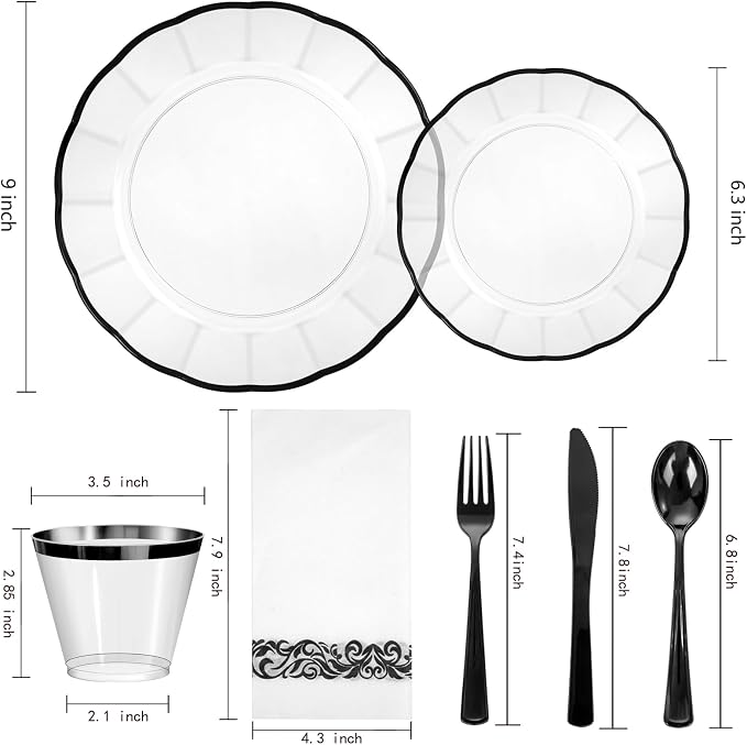 LIYH 350 Pcs Clear and Black Plastic Dinnerware Set for 50 Guests | Includes Plates, Cups, Napkins, and Disposable Cutlery - Elegant Clear & Black Design, Perfect for Parties,Halloween