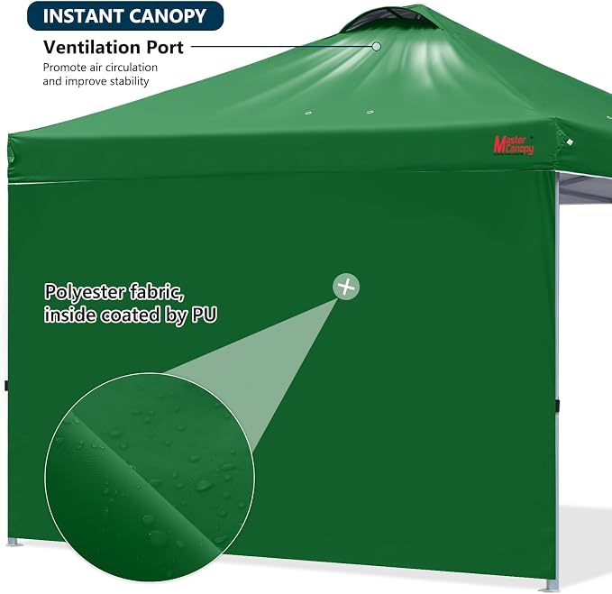 MASTERCANOPY 8x8 Pop Up Canopy Tent with 1 Sidewall, 1 Person Setup Instant Shelter, Outdoor Portable Beach Canopy, 1 Roller Bag, 4 Sandbags, 4 Ropes, 8 Stakes (8x8, Forest Green)