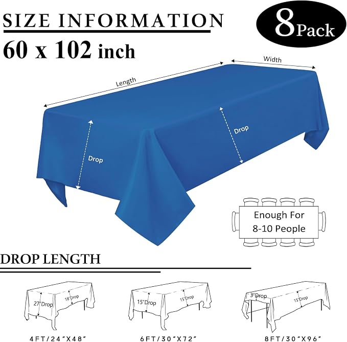 8 Packs Royal Blue Tablecloth Rectangle 60x102 Inch Rectangular Table Cloth For 6 Foot Rectangle Tables, Wrinkle Resistant Polyester Fabric Tablecloth Washable Table Cover For Wedding Party Buffet