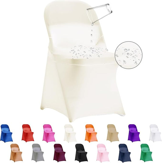 12 PCS Waterproof Stretch Spandex Folding Chair Covers, Dining Room Chair Slipcovers Protector for Wedding, Banquet, Party, Holidays, Celebration and Decoration（Ivory）