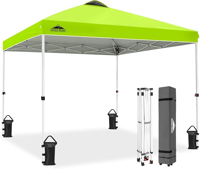 EAGLE PEAK Pop Up Canopy Tent with Wheeled Carry Bag, 8 Stakes, 4 Ropes, 4 Weight Bags, Easy Set Up Tent Canopy, 10x10 ft, 100sqft of Shade, Neon Green