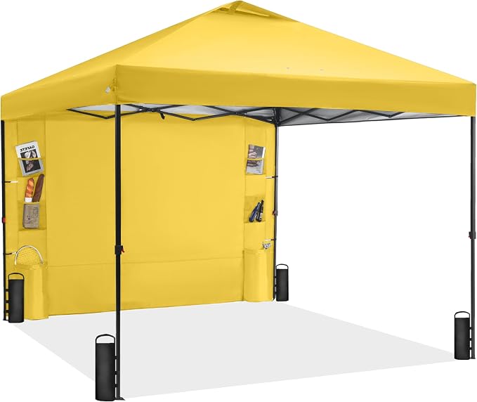 GAFETE 10×10 Pop Up Canopy Tent with 1 Pockets Sidewall, Easy up Sun Shade with One Push Setup, Portable Instant Outdoor Canopy Tent for Events Parties Camping with Carrying Bag (Yellow, 10x10 FT)