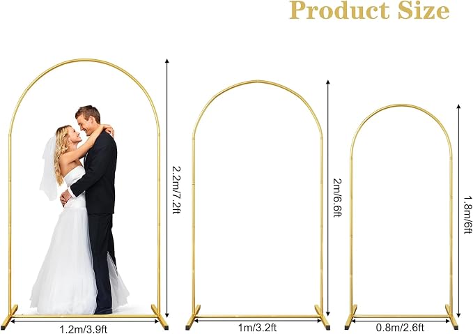 RUBFAC Metal Arch Backdrop Stand Set of 3 (6FT & 6.6FT & 7.2FT), Gold Wedding Arch Frame Balloon Arch Backdrop Stand for Birthday Party Baby Shower Anniversary Graduation Ceremony Decoration