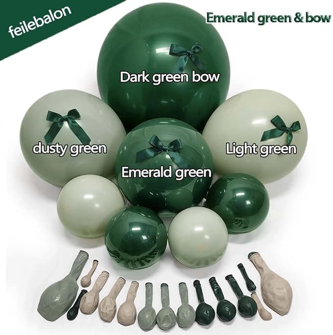 Emerald Green Balloon Arch Kit with Bow, Double Stuffed Dark Forest Hunter Green Dusty Pastel Light Green Balloon Garland for Birthday Bridal Baby Shower Graduation Jungle Safari Party Decoration