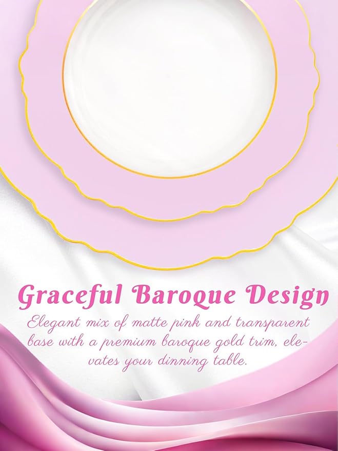 WDF 60Pcs Pink Plates Disposable with Gold Rim - Baroque Clear Pink and Gold Plastic Party Plates Ideal for Wedding/Baby Shower/Spring/Mother's Day