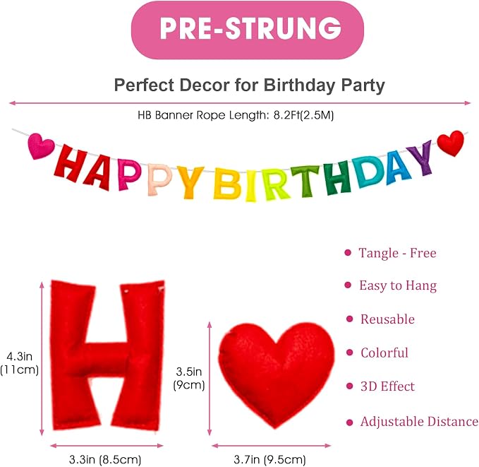 Colorful Pre-Strung 3D Happy Birthday Banner with Heart, Reusable Happy Felt Garland, Rainbow Party Decorations, Personalized Birthday Sign for Girls Boys Womens Mens