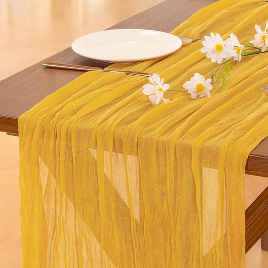 Socomi 2pcs Gold Yellow Easter Spring Cheesecloth Table Runner Boho Rustic Gauze 120 inch 10FT Cheese Cloth Runner for Wedding Party Baby Shower Birthday Home Decor Holiday Decorations