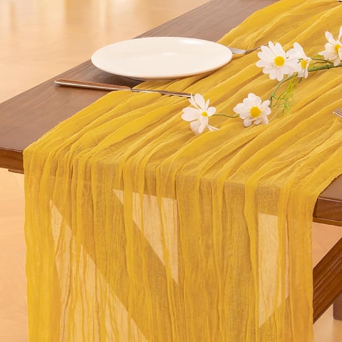 Socomi 10pcs Gold Yellow Cheesecloth Table Runner Boho Rustic Gauze 120 inch 10FT Cheese Cloth Sheer Runner for Wedding Party Baby Shower Birthday Home Decor Holiday Decorations