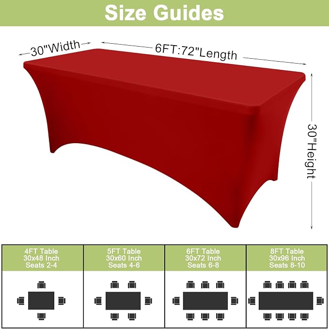 Moosfor Spandex Elastic Fitted 6FT Rectangle Tablecloth 6 Pack, Stretch Washable Reusable Table Cover for Outdoor Picnic, Dining, Wedding, Banquet & Party Events (Red, 72Lx30Wx30H Inch)