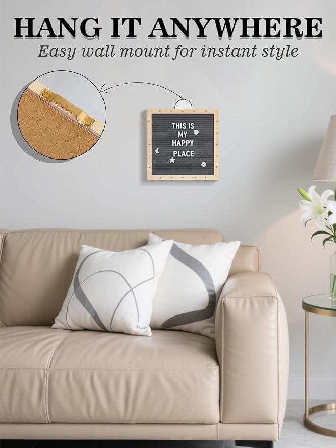 Changeable Felt Letter Board with LED Lights - 10×10" Message Custom Signs & Wood Stand & 450 Letters, Poster Board for Baby/Pregnancy Announcement/Classroom Wall Decor Gifts First Day of School, Grey
