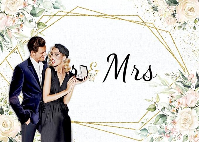Mr & Mrs White Floral Bridal Shower Backdrop Mr Mrs Wedding Theme Photo Backgrounds 7x5ft Wedding Bride to Be Engagement Photography Backdrops Prom Party Banner Decor Party Banner Photo Booth Prop