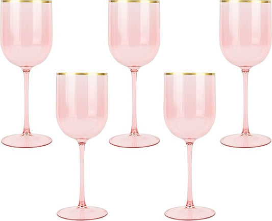 Pink Wine Cup with Gold rim Plastic Wine Glasses Set of 5 Elegant Wine Goblets Hard Plastic Wine Cups on Stem 12 Ounce