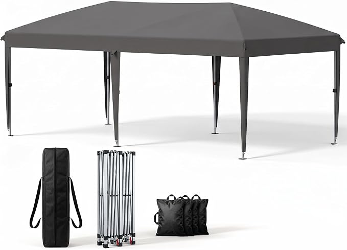 10x20 Pop Up Canopy Without Sidewalls, Instant Tent with Carry Bag, Sandbags, Height Adjustable Waterproof Outdoor Canopy, Outdoor Canopy for Events, Camping, Parties (Grey)