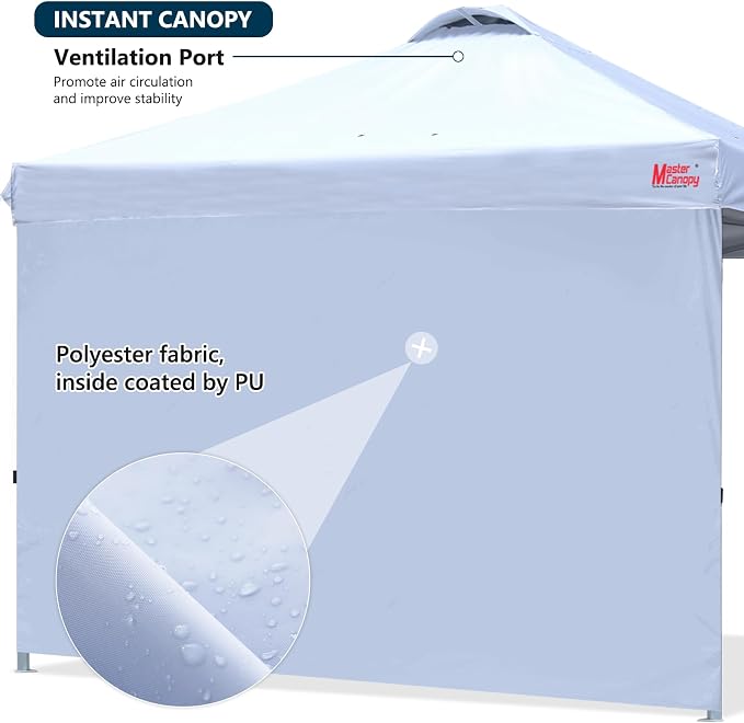 MASTERCANOPY 10x10 Pop Up Canopy Tent with 1 Sidewall, 1 Person Setup Instant Shelter, Outdoor Portable Beach Canopy, 1 Roller Bag, 4 Sandbags, 4 Ropes, 8 Stakes (10x10, White)