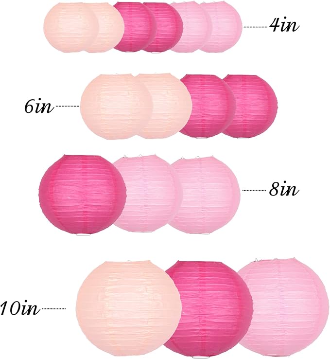 Hanging Paper Lanterns Decorative, Pink Chinese Paper Lanterns Ceiling Party Decorations with 16 LED Lights for Weddings Anniversaries Valentine's Day Bridal Shower Decorations, Pack of 16