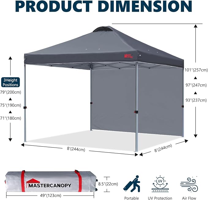 MASTERCANOPY 8x8 Pop Up Canopy Tent with 1 Sidewall, 1 Person Setup Instant Shelter, Outdoor Portable Beach Canopy, 1 Roller Bag, 4 Sandbags, 4 Ropes, 8 Stakes (8x8, Dark Grey)