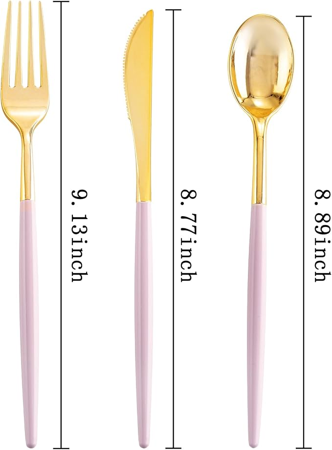 SUT 160Pcs Pink and Gold Plastic Silverware, Heavy Duty Plastic Silverware, Valentines Plastic Utensils, 80 Plastic Forks, 40 Knives, 40 Spoons, Disposable Cutlery for Parties, Valentines(Pink Gold)