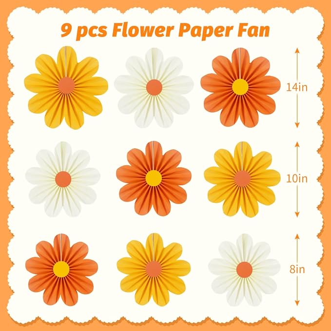 DODOKIM Paper Fans Party Decorations Paper Flowers Decorations for Wall Floral Backdrop Classroom Baby Shower Birthday Party Flower Wall Decor Pack of 9 Orange Yellow Ivory