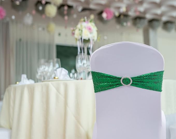 Sequin Green Chair Sashes 100 Pack Glitter Christmas Chair Bows Emerald Green Chairs Bands with Buckles for Wedding Birthday Party Bridal Shower Anniversary Engagement Events Decorations