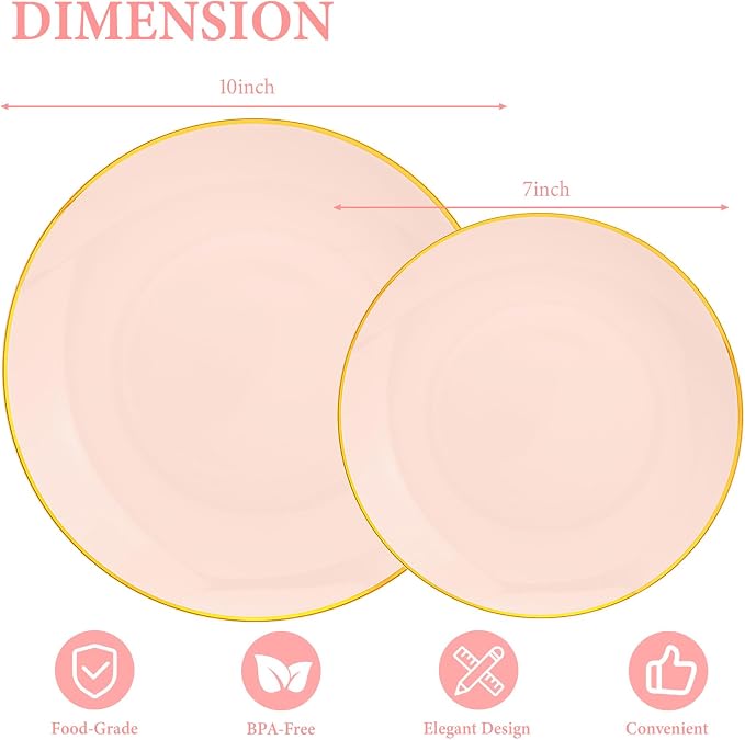 Lullaby 100PCS Pink and Gold Plastic Plates, Disposable Pink Plastic Plate with Gold Rim, 50PCS Dessert Plates 7" and 50PCS Dinner Plates 10", Perfect for Party Wedding and Daily Use