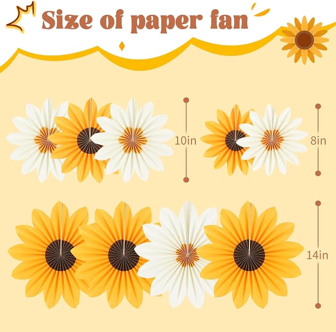 DODOKIM Sunflower Birthday Decorations Paper Flowers Decorations for Wall Floral Backdrop Classroom Baby Shower Paper Fans Flower Wall Decor Pack of 9 Sunflower Yellow Ivory
