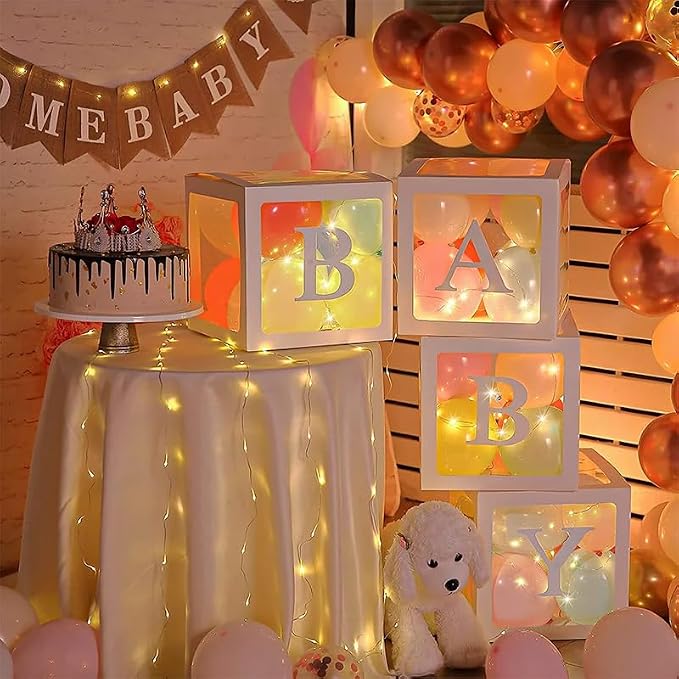 Ledido Baby Boxes with Letters for Baby Shower Decorations, 4 Pcs Transparent Balloon Boxes Blocks with Fairy String Lights, Clear Balloon Boxes for Boy Girl Gender Reveal 2026 HOCO Party Decor(White)