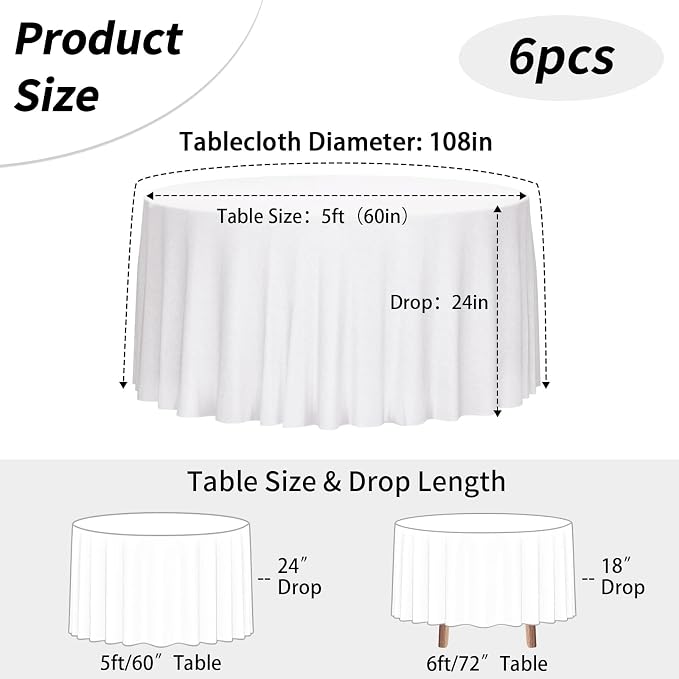 Fixwal 6 Pack White 108 Inch Round Tablecloths, Reusable Heavy Duty Washable Polyester Table Covers, Stain and Wrinkle Resistant for Wedding, Party, Outdoor, Picnic, Camping