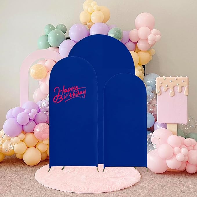 HAINARverS Set of 3 Wedding Arch Cover 6FT,6.6FT,7.2FT Spandex Fitted Stretchy Arch Stand Covers,2 Sided Round Top Chiara Backdrop Cover for Birthday Party Banquet Arch Decoration(Royal Blue)