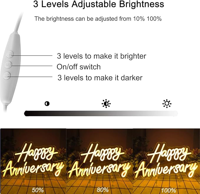 Happy Anniversary Neon Sign - Wedding Birthday Party Decoration Neon Light for Bedroom,Living,Home Bar Valentine's Day Anniversary Decor Gift (warm white)