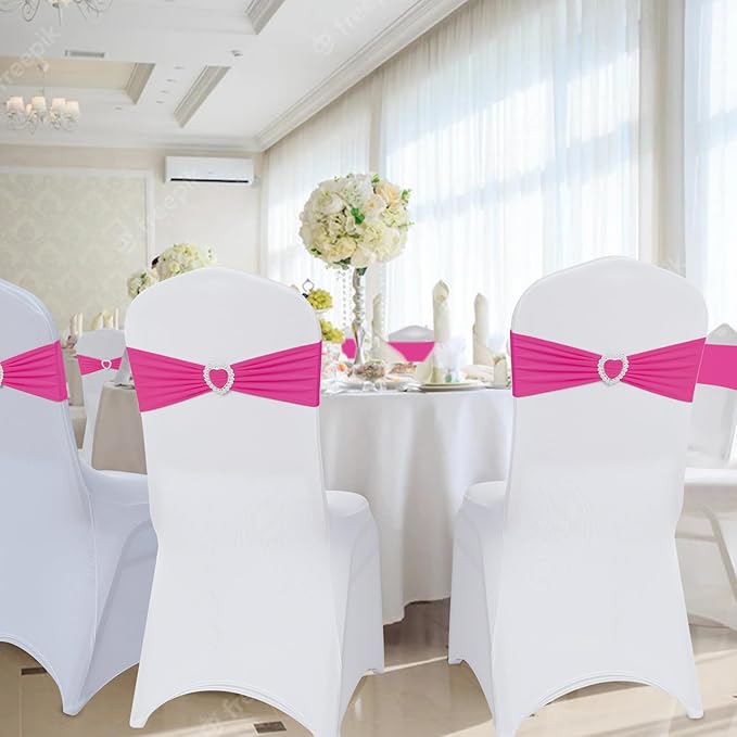 Howhic Pack of 60 Spandex Chair Sashes Bows Stretch Chair Cover Band with Buckle Slider Universal Elastic Chair Ties for Wedding Banquet Party Event Decoration (Fuchsia)
