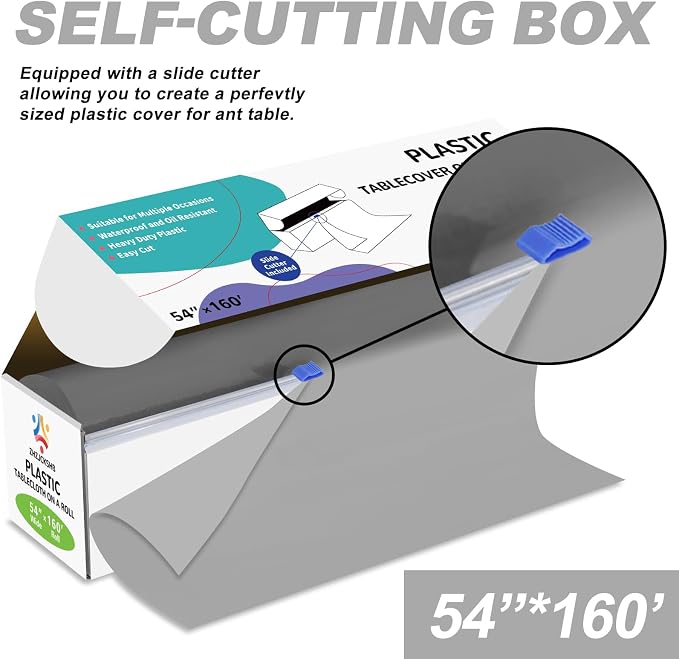 54IN X 160FT Plastic Table Cover Roll with Cutter Box, Cut to Size Plastic Table Cloths for Parties, Birthday, Disposable Tablecloth Roll for All Shape Tables (Silver Grey, 54 Inch X 160 Feet)