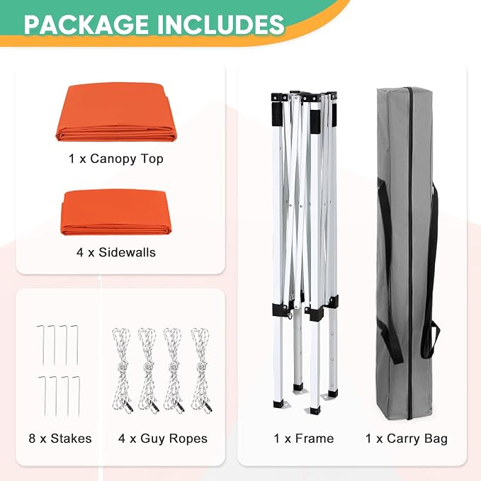 5x5 Pop Up Canopy Tent with Four Sidewalls, Instant Portable Beach Canopy, Outdoor Tent with Carry Bag for Camping, Sports, Tailgating, Events, Orange