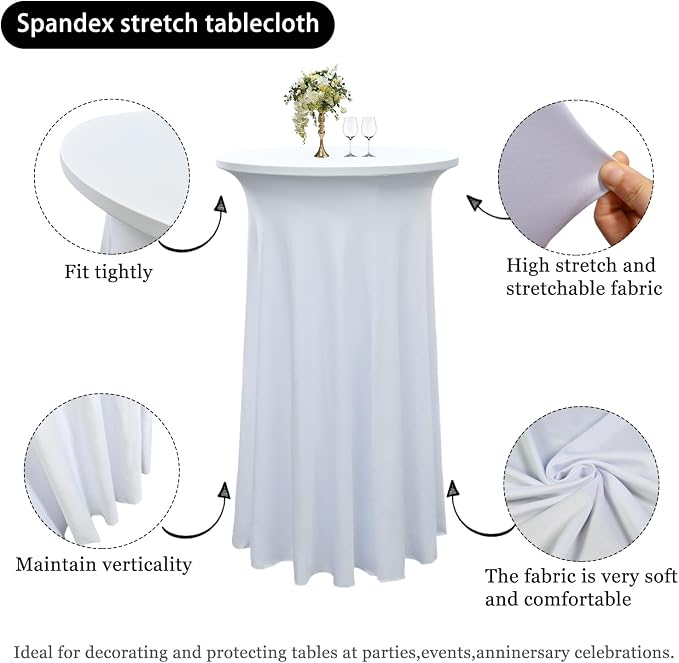 8-Pack 24"x43" White Round Cocktail Table Skirts | Stretch Spandex Fitted Tablecloths | Wrinkle-Resistant, Stain-Resistant, and Machine Washable for Bars, Weddings, Parties, and Banquets