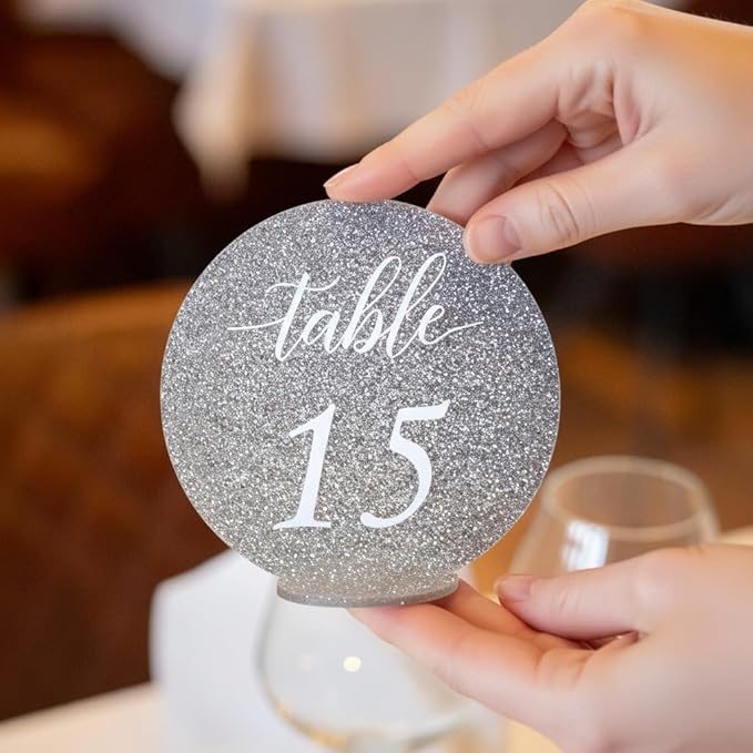 Wedding Table Numbers 1-20, table numbers signs, with Self Standing Base 5.1 x 5 inches, Silver Glitter Table Numbers Sparkle with light, ideal for Wedding Receptions, Parties and Special Events