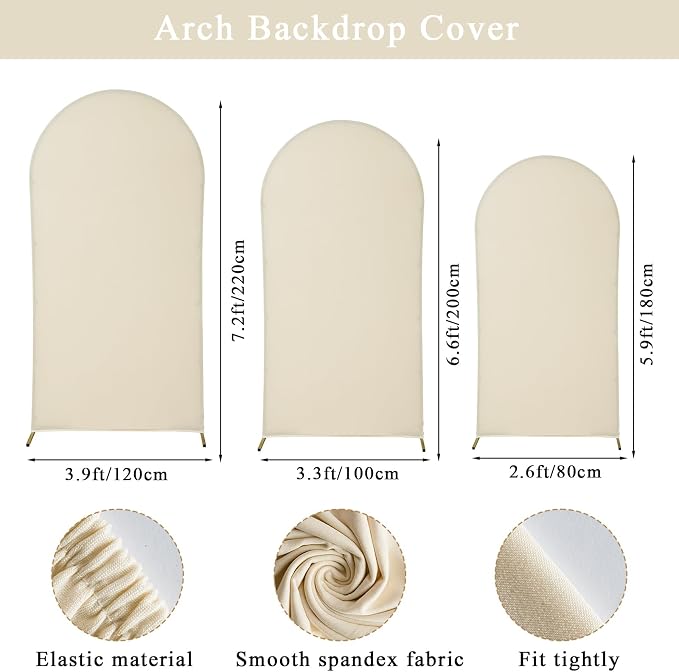 Gawicpy Wedding Arch Backdrop Stand Set Metal Arch Backdrop Stand with Wedding Arch Cover, Wedding Balloon Arch Backdrop Stand for Birthday, Baby Shower, Anniversary (Beige, 5.9FT+6.6FT+7.2FT)