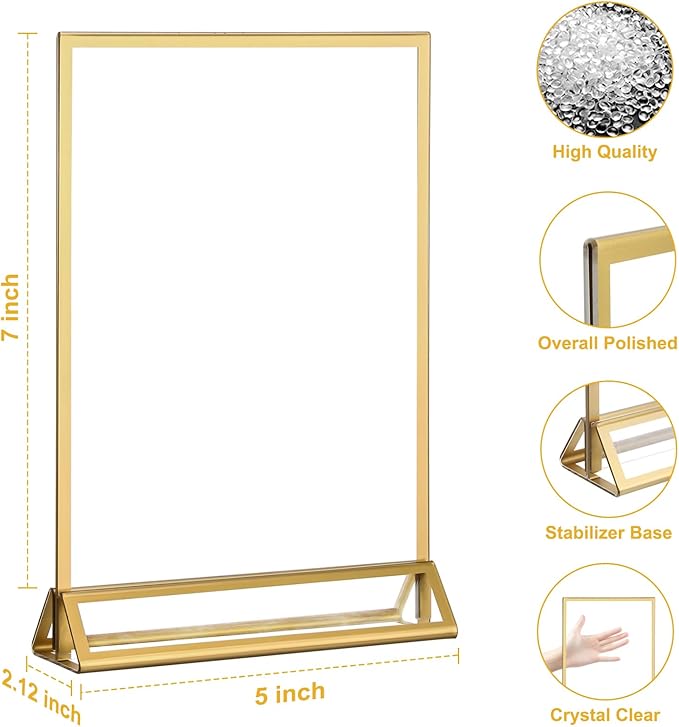 EHWINE 26 Pack 5×7 Clear Acrylic Sign Holder with Gold Borders and Vertical Stand, Double Sided Table Menu Holders Picture Frames for Wedding Table Numbers, Restaurant Signs, Photos and Art Display