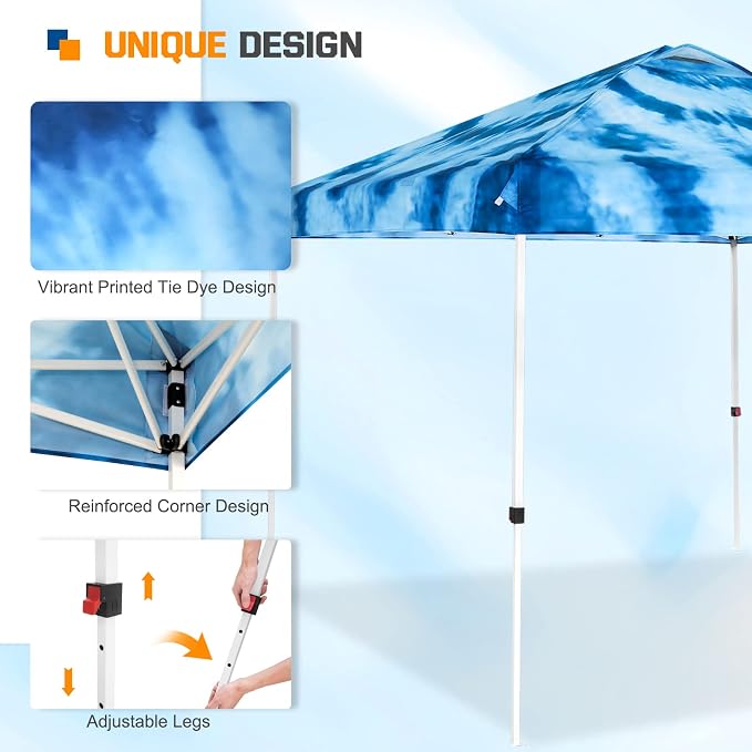 EAGLE PEAK Pop Up Canopy Tent with Wheeled Carry Bag, 8 Stakes, 4 Ropes, 4 Weight Bags, Easy Set Up Tent Canopy, 10x10 ft, 100sqft of Shade, Tie Dye Blue