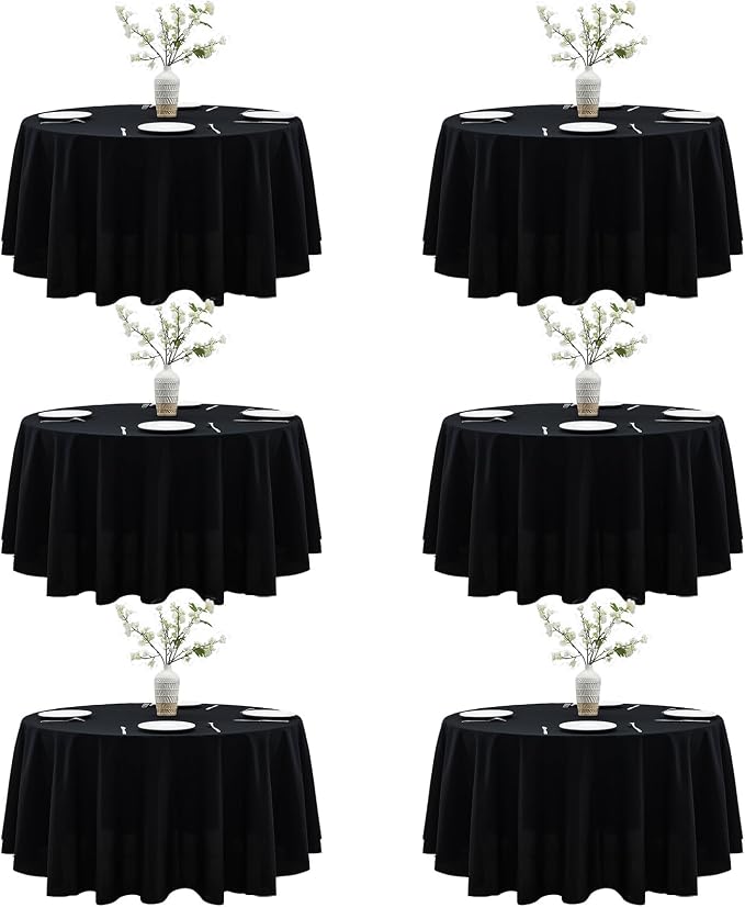 Black Round Tablecloths 6-Pack, 90 Inches in Diameter | Reusable & Washable Table Cloths for 30-72 Inch Round Tables, Polyester Fabric Tablecloth for Wedding, Party, Banquet