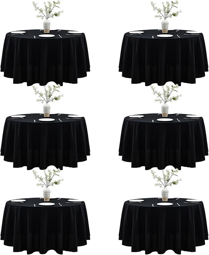 Black Round Tablecloths 6-Pack, 120 Inches in Diameter | Reusable & Washable Table Cloths for 30-72 Inch Round Tables, Polyester Fabric Tablecloth for Wedding, Party, Banquet