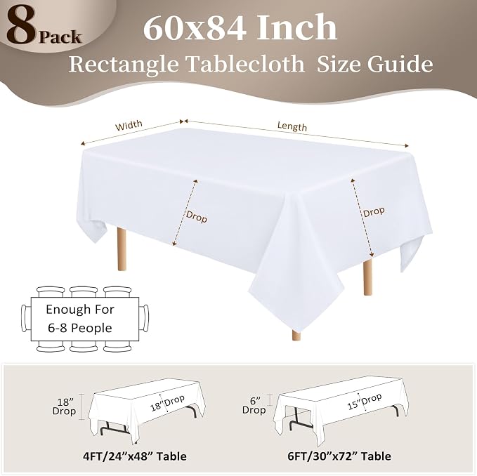 8 Pack White Table Cloth 60x84 Inch Rectangle Tablecloths for 6 Foot Rectangle Tables, Wrinkle Resistant Washable Polyester Fabric Rectangular Table Cover for Dining Banquet Wedding Party