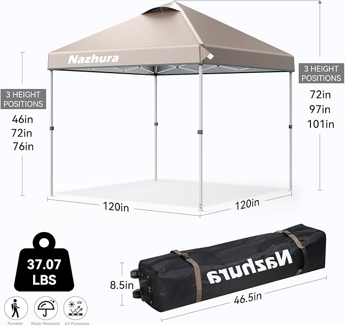 Nazhura 10' x 10' Pop Up Canopy Tent with Sand Weight Bag, Awing for Patio, Freestanding Sun Shelter for Picnic and Camping, One Person Setup, White (Kahki)